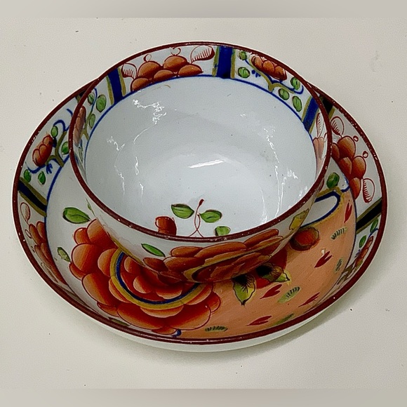 19th Century Antique Gaudy Dutch Oyster Pattern Handleless Teacup & Saucer Set - Picture 12 of 12